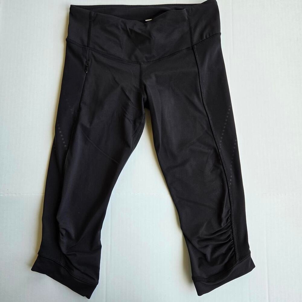 Lululemon Black Mesh Reflective Ruched Crop Leggings Size 6 Zipper Pocket Active - Picture 2 of 8